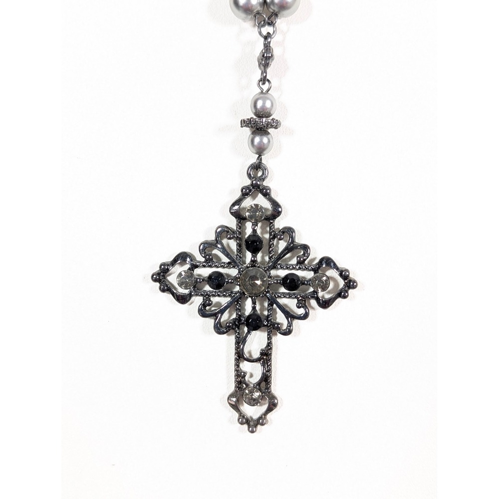 Ornate Gunmetal Gray Cross Necklace Rhinestone & Faux Pearl 25" Victorian Gothic